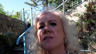 Busty Mature in Stockings Rides and Sucks Young Cock Outdoors