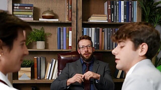 Handsome lad is watching the two coeds suck and fuck