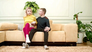 Blonde teen with a nice booty is playing with a skinny man