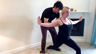 Thick blonde MILF doing yoga and fucking her stepson