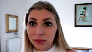 A blonde that has a pretty face is giving a blow job and a fuck