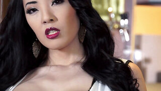 Busty Asian goddess strips at the bar and teases heavy tits