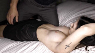 Hot brunette spreading her long legs for a tall lad