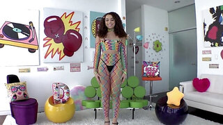 Oily hottie in a bodysuit is about to get ruined
