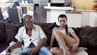 Offended babe sucks the future father-in-law off