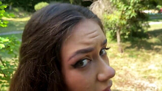 Drooling bitch fucks a random older guy in the park