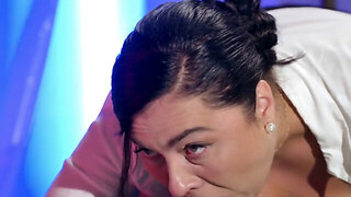 Chubby cock sucker bounces on a man's massive erect penis