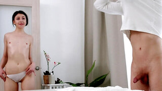 Brunette with small tits sucks and rides masseur's boner