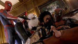 Two superhero hunks are having their way with a black babe