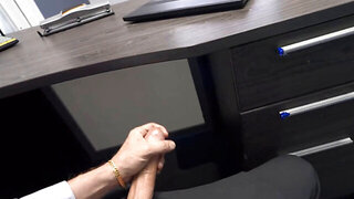 Petite blonde office worker having sex at work in a new office