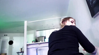 Naughty blonde pulls her panties aside for a quick sex