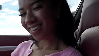 Brunette with nice tits is going to suck dick in a car