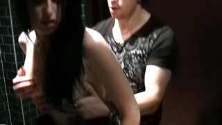 Amateur brunette girl gets fucked by two hunks