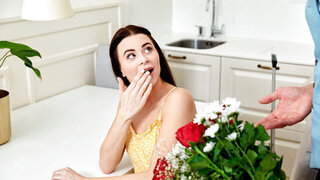 Attractive brunette moaning over fucking lads long dick