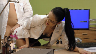 Nerdy secretary bends over table to get dick from behind