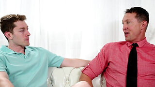 Pale lad is giving a sloppy top to the hunky stepdad