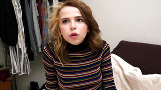 Petite teenie flashes her tits and slobbers on a huge dick