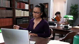 Big boobies inked-up slut take dick in the library