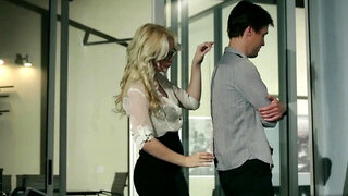 Taking measurements turns into hot office sex with elegant blonde