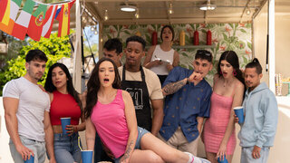 Spicy brunette shows the others how to devour a cock in the right way