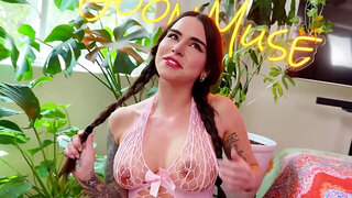 Hot babe is oiled up and ready for the tall stud