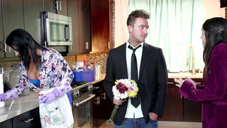 Raven haired honey with large boobies riding a thick pecker