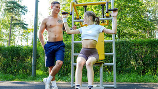 Cute Baby Trains Outside And Her Trainer Fills Her Pussy