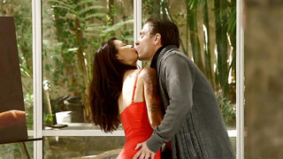 A chick with a hairy cunt is getting some semen in her face