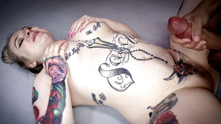 Tatted blonde PAWG wrestles and fucks hard on the mats