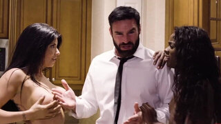 Premium ladies devour massive dick in kitchen threesome