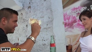 Pretty girl shows tits and sucks big cocks