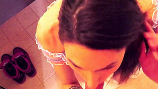 Skinny brunette gets fucked hard in front of the mirror