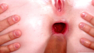 Deep breaths help long haired brunette manage big cock in asshole