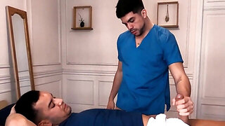 He gives him a sensual massage complete with a blowjob