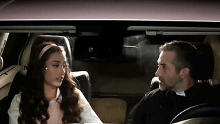 Hot babe in a mini skirt has sex in a vehicle