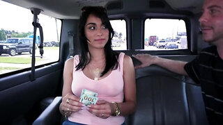 Adorable brunette amateur wanking a big pecker in the car