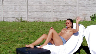 After the sunbathing she immediately hops on a cock