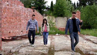 Joyful brunette for money takes part in outdoor sex casting