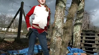 European blonde teen gags on a random dick outdoors