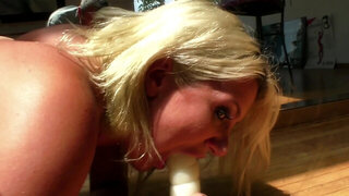 Slutty blonde babe is masturbating with big dildos