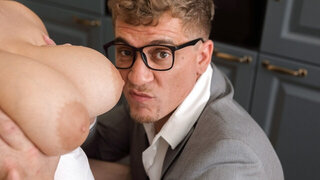 College babe lets horny professor come on her huge tits after sex