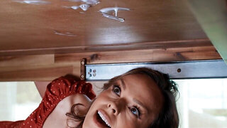 Annie King rubbing her pussy during a hard kitchen fuck
