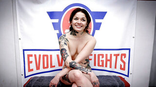 Tattooed MMA Slut Dominates and Pegs Smaller Guy in the Ring