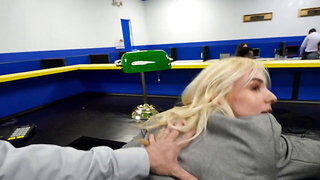 Petite blonde office worker having sex at work in a new office