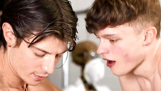 Classroom threesome with a double BJ and a spitroast