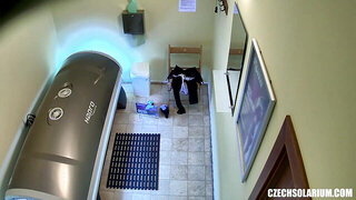 Shaved and Tight Pussy Caught in Solarium