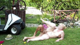 European stallion entertains the old woman by golf and fuck