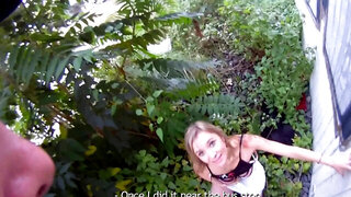 Hot blonde girl is having oral and vaginal sex outdoors