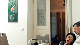 PAWG brunette wears sexy lingerie and gets a man hard