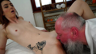 Old masseur with shaggy beard licks and fucks client's pussy